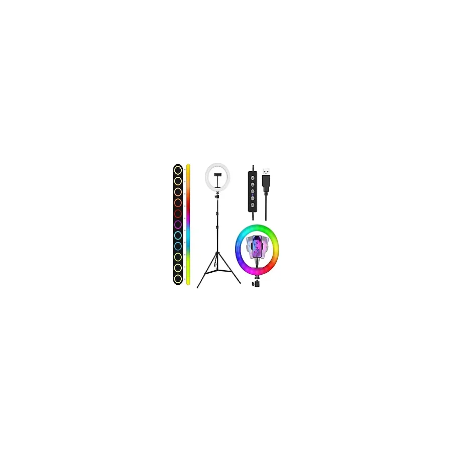 Dymax 14inç Renkli Selfie Led Işığı Rgb Ring Light Yuvarlak Sürekli Led Işık 2m Tripot