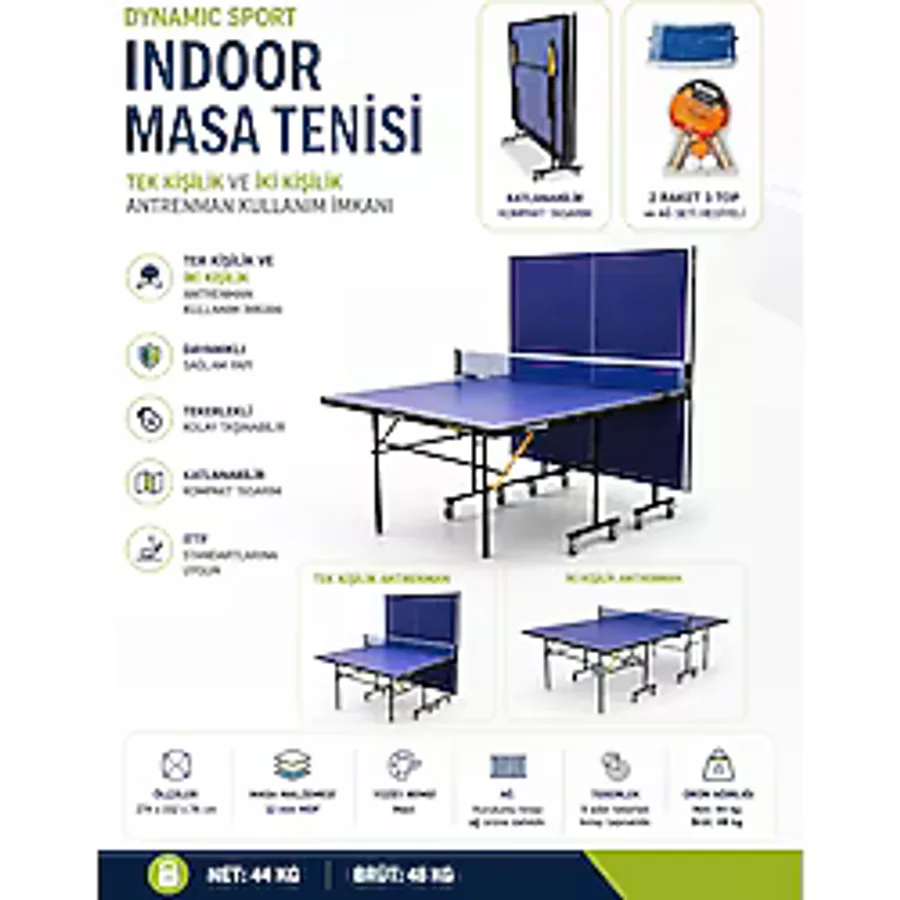 Dynamic Sport Katlanabilir Masa Tenisi Masası + 2 Raket + 3 Top + Ağdemir Set
