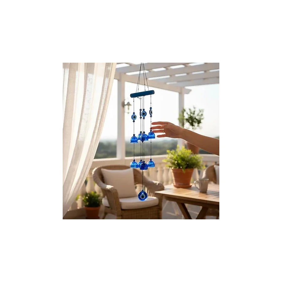 E-life shop Feng Shui Nazar Boncuğu Rüzgar Çanı Metal Kötü Göze Karşı Dış Mekan Dekoratif Bahçe Kapı Süsü 65 cm.