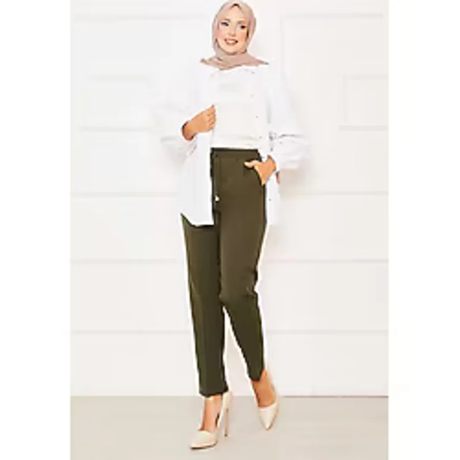 EBRUTESETTÜR Beli Lastikli Dar Paça Pantolon Haki