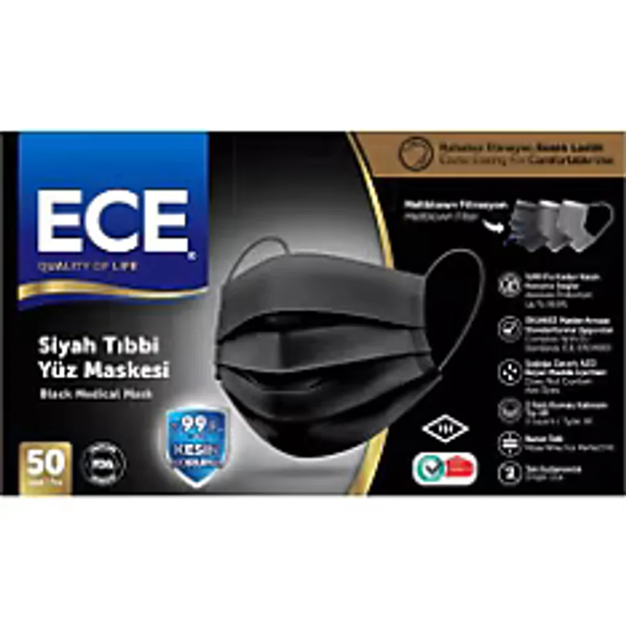 Ece 3 Katlı Siyah Cerrahi Maske Telli 50'li