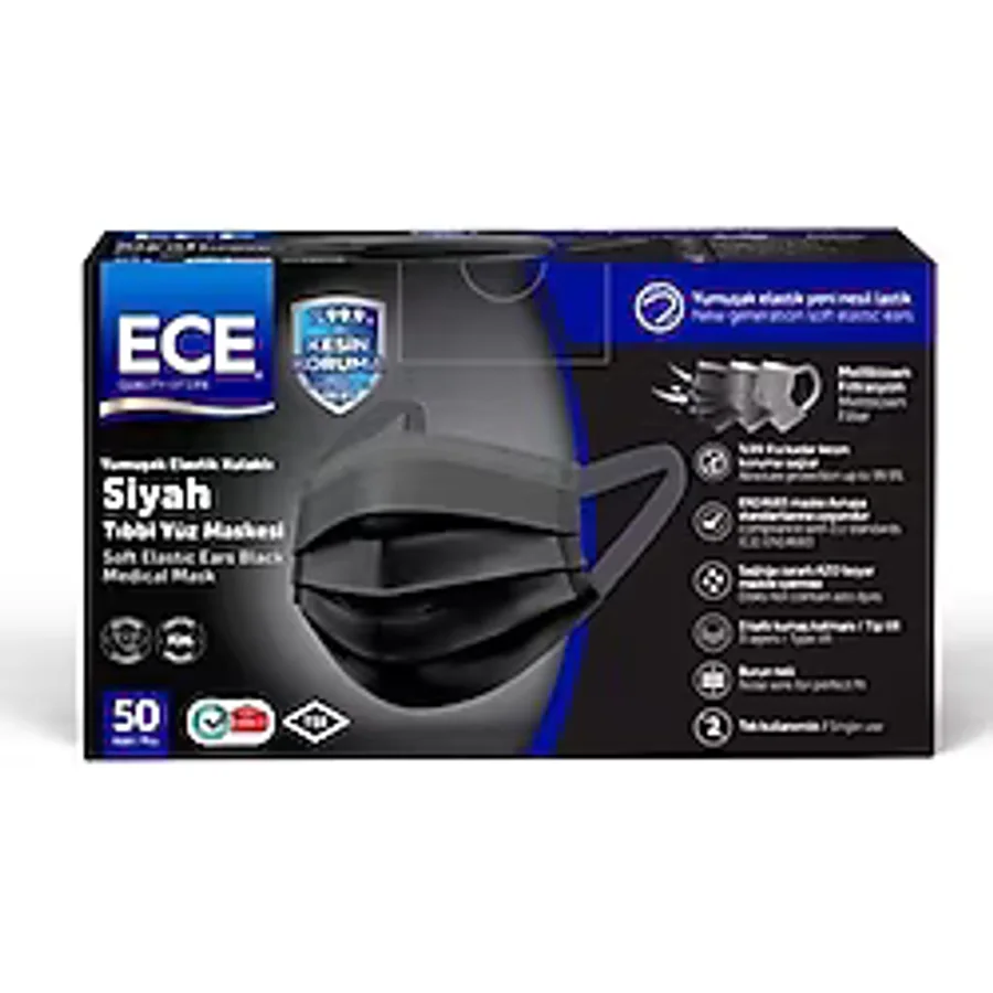 Ece Tıbbi Maske Gövdeden Lastikli Siyah 50'li