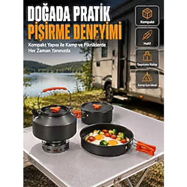 Eco Lounge Alüminyum Kamp Pişirme Seti Katlanabilir Kulplu Çaydanlık Tencere Tava Outdoor Yemek Seti