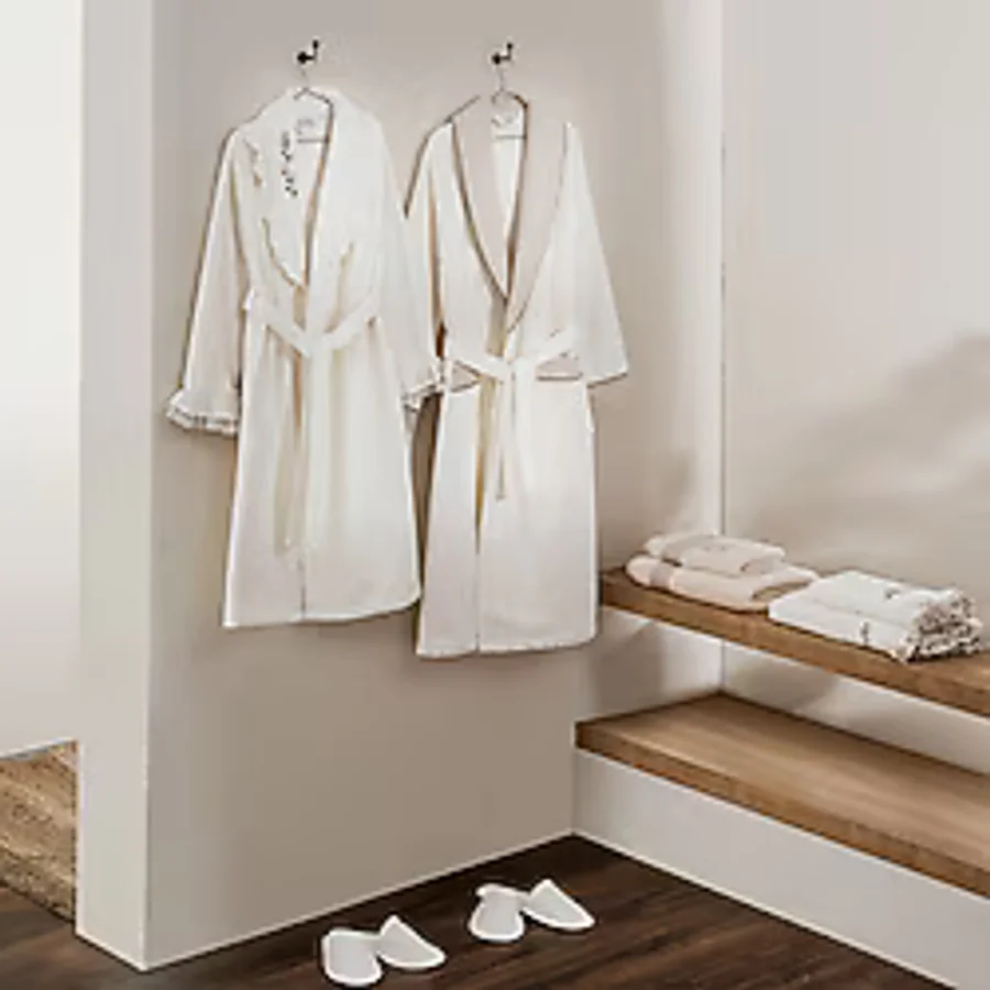 Ecocotton Leyna Aile Bornoz Seti %100 Organik Pamuk Nakışlı Krem/Krem- M/L
