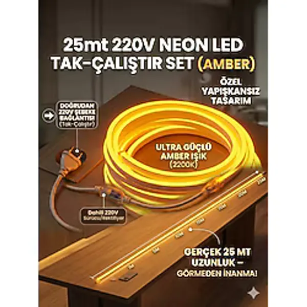 Econa 25 Metre Amber 220V Neon LED Şerit ,tak Çalıştır Set, Fişli Esnek Şerit Led, ,turuncu Led,mutfak,tezgah Ledi, Neon LED Şerit Işık ,ambiyans Işık Havuzu, Balkon, Teras ve Ev İçin Dekoratif LED
