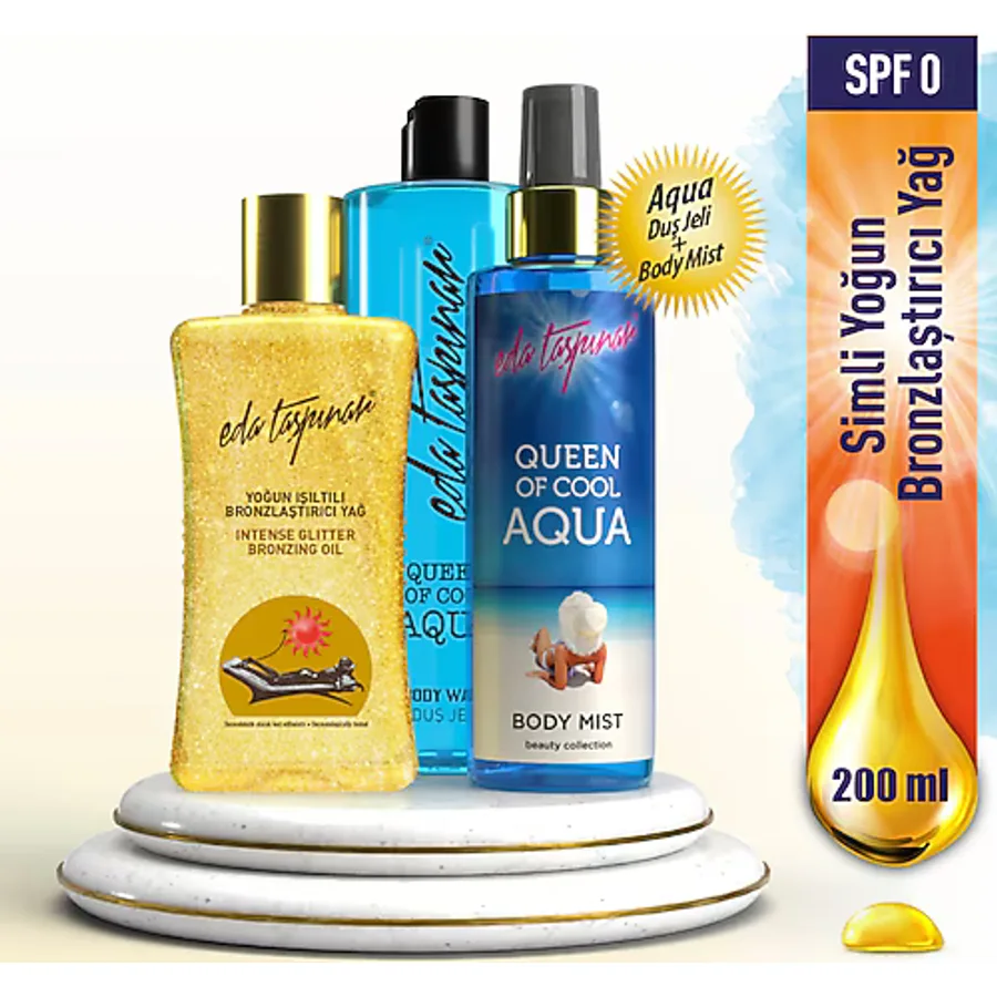 Eda Taşpınar Yoğun Işıltılı Bronzlaştırıcı Yağ SPF0 (200ml) - Aqua Body Mist 200ml & Aqua Duş Jeli 400ml