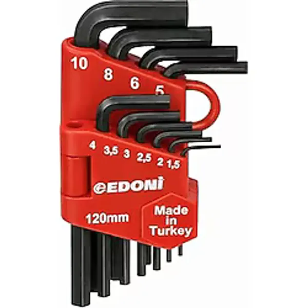 Edoni 10 Parça L Alyan Anahtar Takımı, Hex, Metrik 1.5-10 mm Boyutlu, Dayanıklı, Taşıma Aparatlı, Profesyonel Kalite, Hobi ve Endüstriyel Kullanım İçin Mini Set (Siyah, 120 mm)