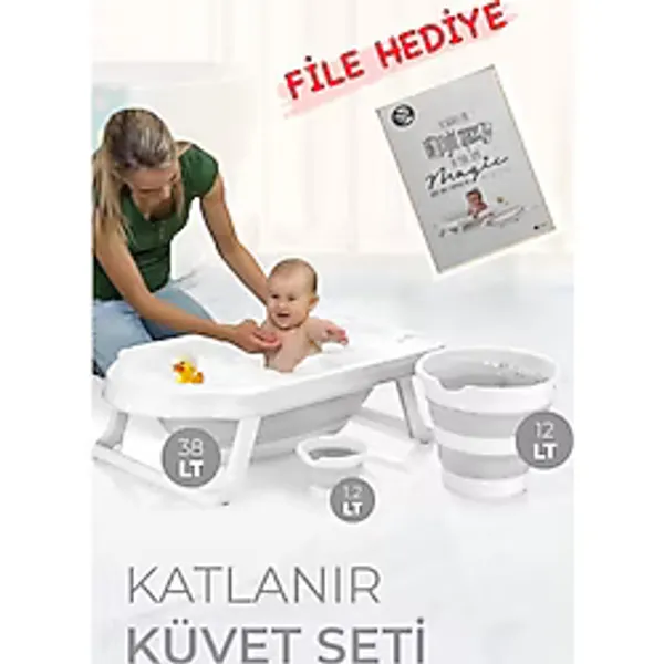 EF TİCARET Katlanır Çocuk Küveti Su Kovası Ve Maşrapa Seti Akordiyon Bebek Yıkama Seti Gri