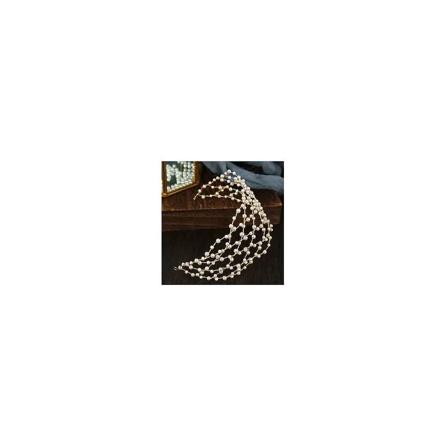 Eflamel Design Kristal Beyaz Taşlı Incili Gelin Tacı Saç Aksesuarı, Nikah,düğün,kına,nişan Tacı Saç Aksesuarı 35cm