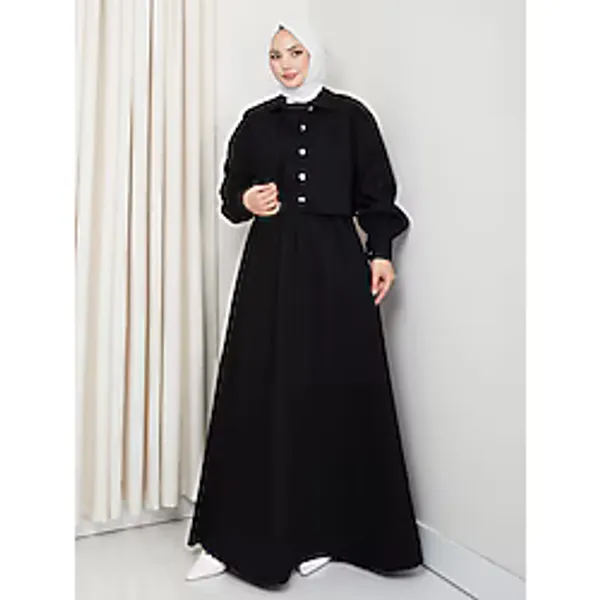EFSUN MODA CEKET ELBİSE İKİLİ KOT TAKIM TESETTÜR İKİ PARŞA SİYAH