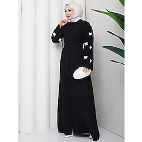 EFSUN MODA KOLU KELEBEK İŞLEMLİ ABAYA TESETTÜR GIYIM KADIN FERACE ELBISE