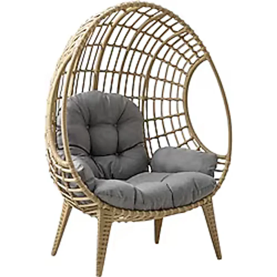 Egg Chair Tekli Rattan Bahçe Koluğu rehome Minderli Oval Lounge - Açık Kahverengi