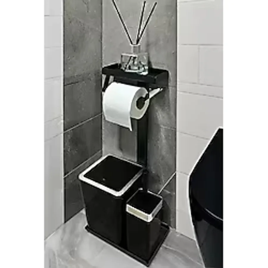 Egza 3'ü 1 Arada Banyo Seti Tuvalet Kağıtlık, Çöp Kovası Ve Tuvalet Fırça Takımı (krom Siyah)