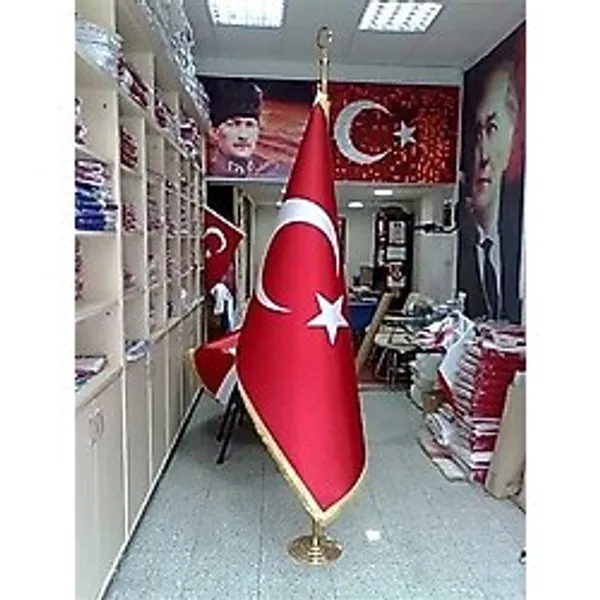 Ekin Bayrak Makam Türk Bayrağı (Sarı Simli) + Pirinç Makam Direği (Takım)