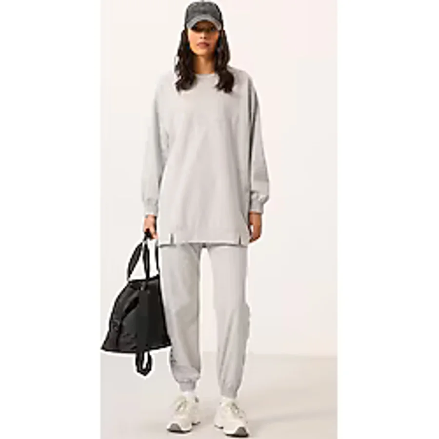Ekru O Yaka Basic Oversize Kadın Eşofman Tunik Takım - 95347