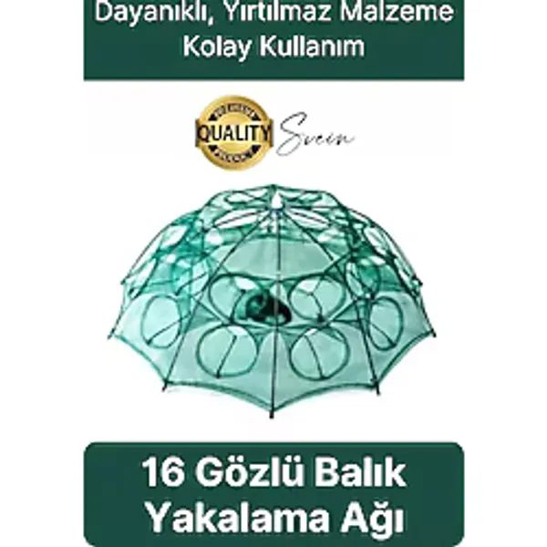 Ekstra Sağlam 16 Gözlü Balık Kapanı Ağı Cepli Büyük Boy Balık Yakalama Filesi Yem Bölmeli Fermuarlı