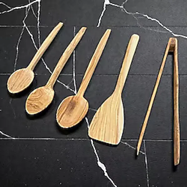 El Yapımı Doğal Zeytin Ağacı 5 Parça Mutfak Seti - Sağlıklı Pişirme ve Servis Gereçleri (3 Boy Kaşık, Spatula ve Servis Maşası)