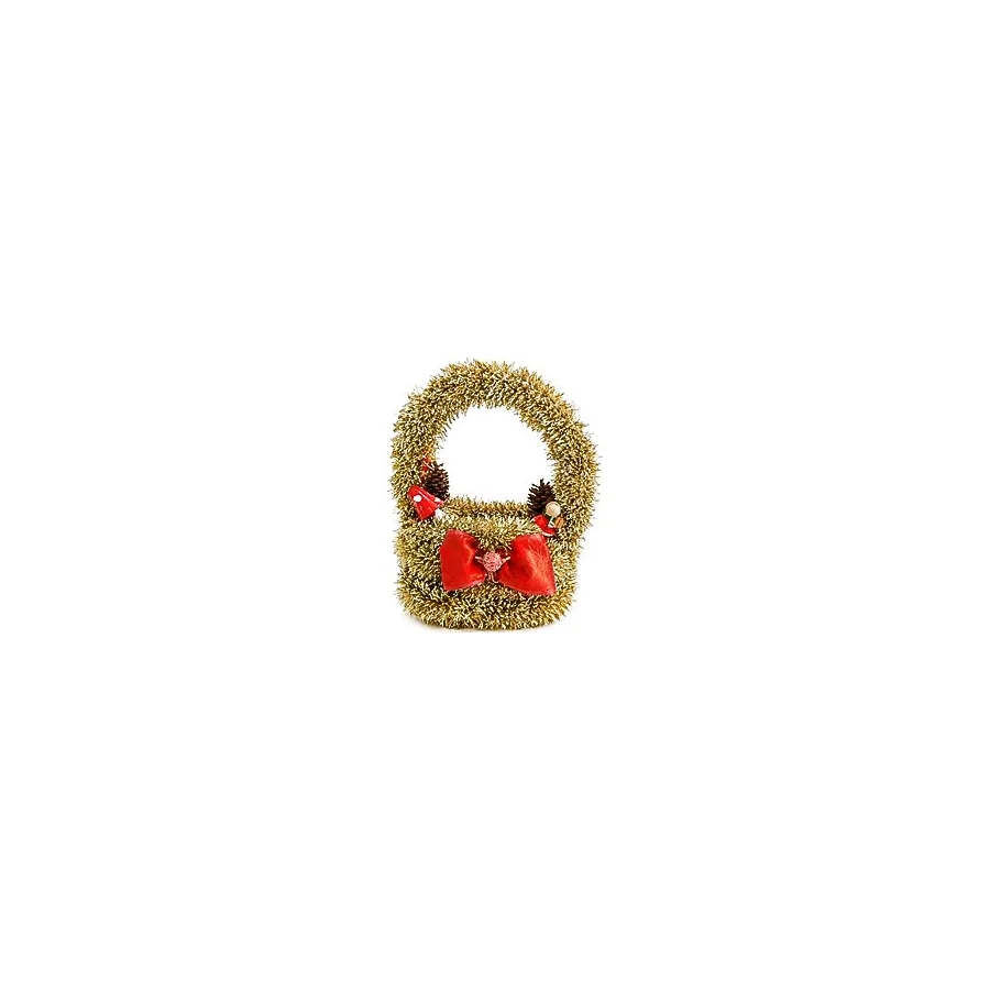 El Yapımı Yılbaşı Sepeti, Altın Rengi Tinsel, Kırmızı Kurdele Fiyonk, Mantar ve Geyik Figürlü, Noel Süsü, 35x22 cm