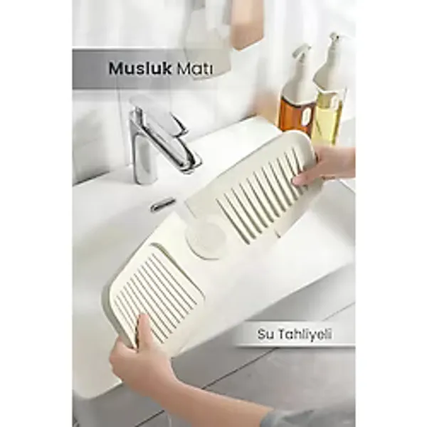 Elastik Musluk Matı Su Tutucu Düzenleyici Kaydırmaz Taban Organizer Mutfak Banyo Lavabo Beyaz