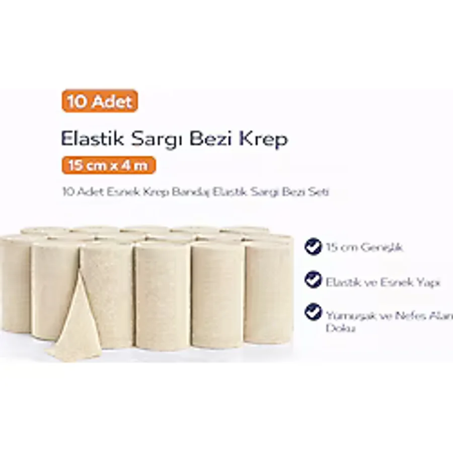 Elastik Sargı Bezi Krep 15 cm x 4 M 10 Adet Esnek Krep Bandaj Elastik Sargı Bezi Seti
