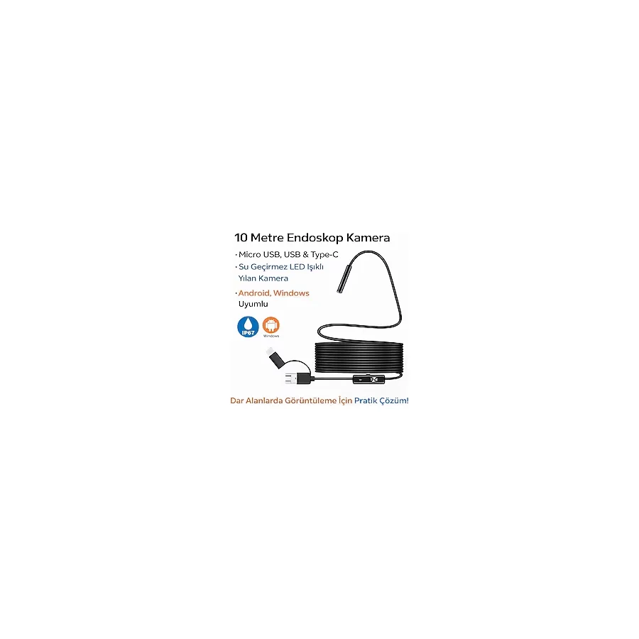 electroawm 10 Metre Endoskop Kamera Su Geçirmez LED Işıklı Boroskop Yılan Kamera Android Uyumlu Micro+USB+Typ-C