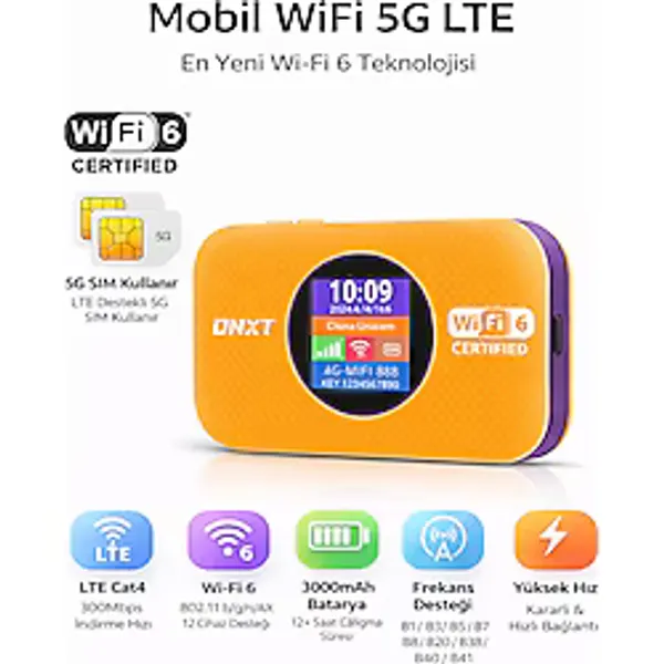 electroawm 5G Mobil WiFi Modem Taşınabilir Router WiFi 6 Destekli 300Mbps 3000mAh Bataryalı SIM Kartlı Hotspot