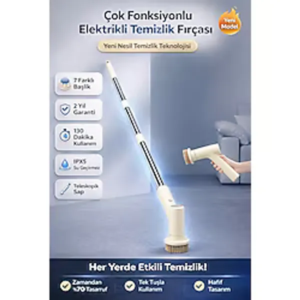 Elektrikli Temizlik Fırçası Şarjlı Mop Seti 7 Başlıklı Teleskopik Saplı Çok Amaçlı Temizleyici