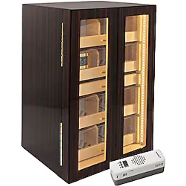 Elektronik Nemlendiricili Camlı 4 Çekmeceli Işıklı Puro Kutusu Humidor Abanoz 200's