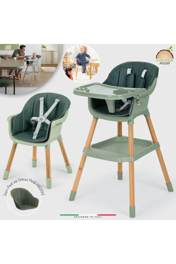 Elele Verona 2 4in1 Ahşap Bebek Mama Sandalyesi ve Mama Oturağı Deri Pedli Yeşil