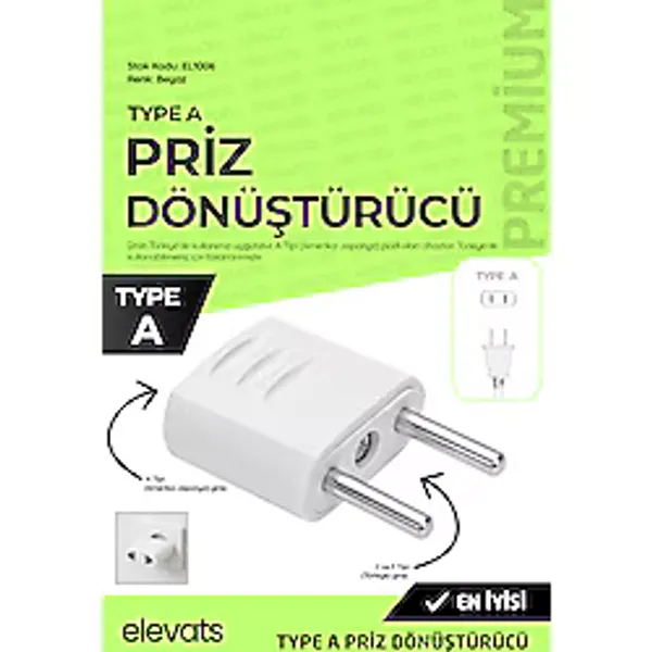 Elevats Premium Amerikan Priz Dönüştürücü Adaptör A Tipi Fiş Çevirici Türkiye Priz Adaptörü Beyaz EL1006