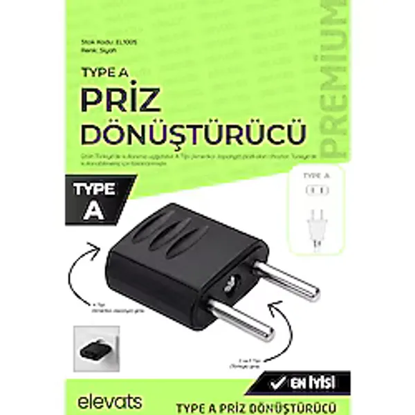 Elevats Premium Amerikan Priz Dönüştürücü Adaptör A Tipi Fiş Çevirici Türkiye Priz Adaptörü Siyah EL1005