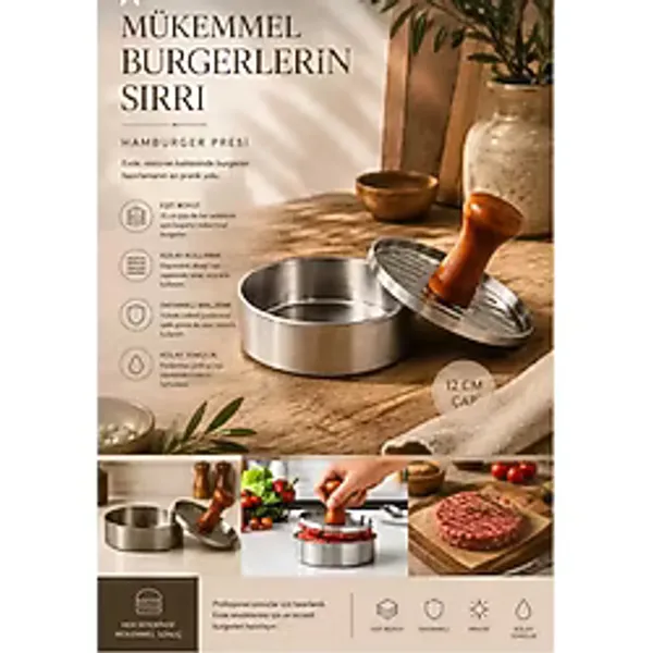Elfnur Hamburger Köfte Presi Pratik Köfte Yapma Aparatı Metal Kıyma Burger Press Şekillendirici Kalıp