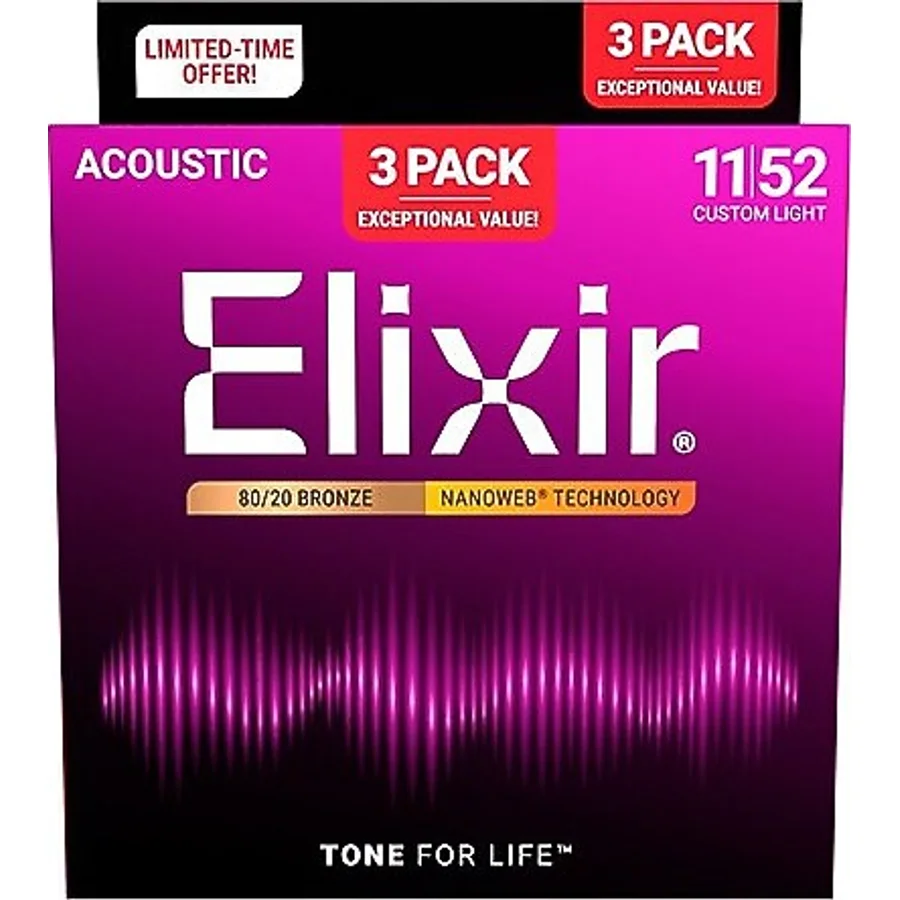 Elixir Nanoweb Bronz 3'lü Paket Akustik Gitar Teli (11-52)