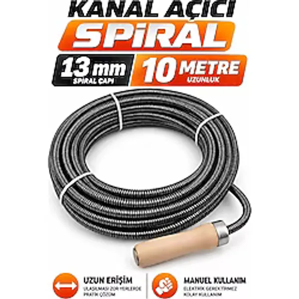 Ellante 13 mm x 10 Metre Kanal Açıcı Spiral - Ahşap Saplı Manuel Gider Açma Teli, Lavabo ve Boru Temizleme Susta