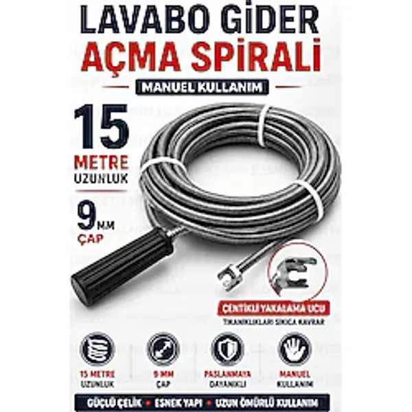 Ellante 15 Metre Lavabo Gider Açma Spirali 9 mm Manuel Tıkanıklık Açıcı Çentikli Uçlu Çelik Tel Sustası