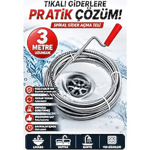 Ellante 3 Metre Profesyonel Spiral Gider Açma Sustası Teli Lavabo Boru Kanalizasyon Tıkanıklık Açıcı Çelik Yay Temizleme Aparatı