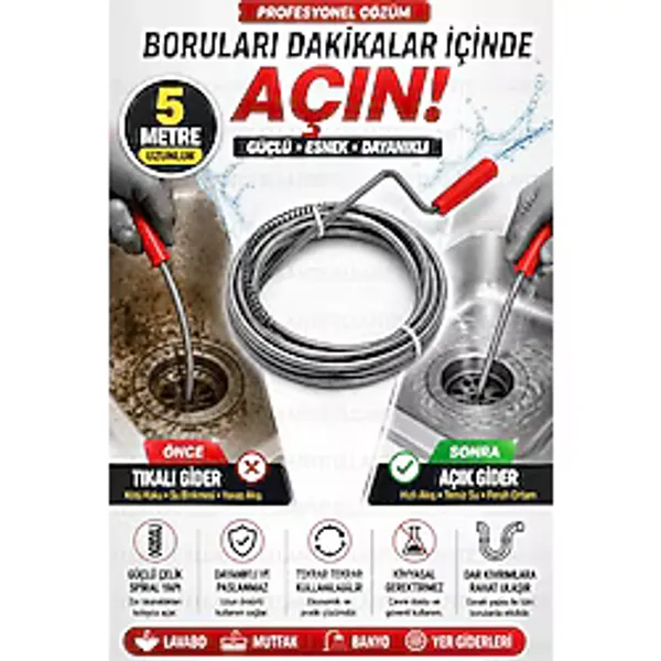ellante 5 Metre Profesyonel Spiral Gider Açma Sustası Teli Lavabo Boru Kanalizasyon Tıkanıklık Açıcı Çelik Yay Temizleme Aparatı