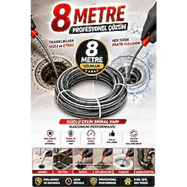 Ellante 8 Metre Profesyonel Spiral Gider Açma Sustası Teli Lavabo Boru Kanalizasyon Tıkanıklık Açıcı Çelik Yay Temizleme Aparatı