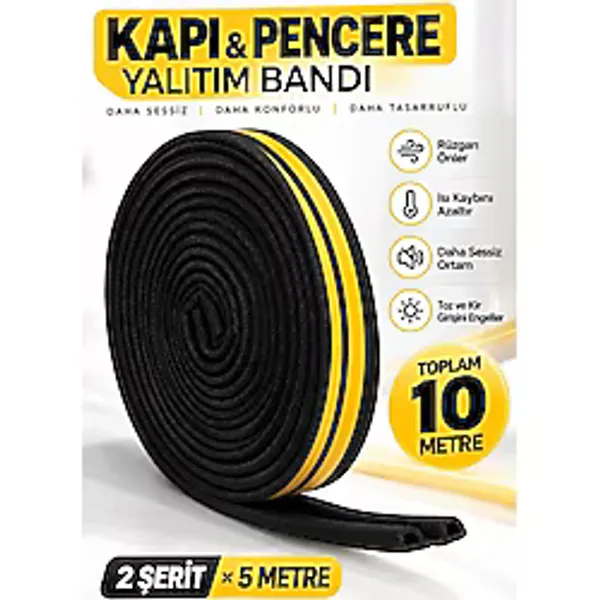 Ellante Siyah Kapı Pencere Yalıtım Bandı 10 Metre, Kendinden Yapışkanlı Çift Kanallı Pvc Izolasyon Fitili, Rüzgar Toz ve Isı Yalıtım Contası, 2 Şerit x 5 Metre