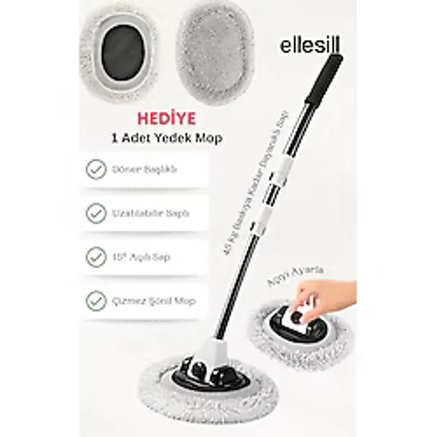 Ellesill Araba Yıkama Mopu +1 Adet Hediye Yedek Mop Döner Başlıklı Teleskopik Saplı Araba Yıkama Fırçası
