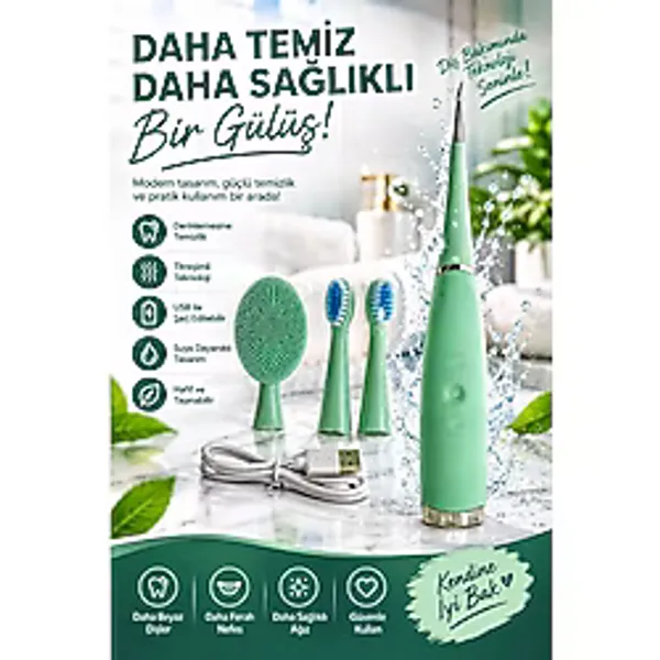 Elma Shop Ağız Bakımı İçin - Diş Fırçası - Diş Taşı Temizleme Cihazı - Dil Temizleyici - USB Şarjlı - 3 Lü Bakım Seti - Yeşil