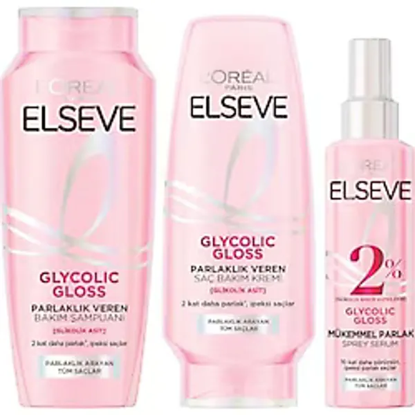 ELSEVE Glycolic Gloss Parlaklık Veren Saç Bakım Rutini Seti: Şampuan, Saç Kremi, Bakım Spreyi