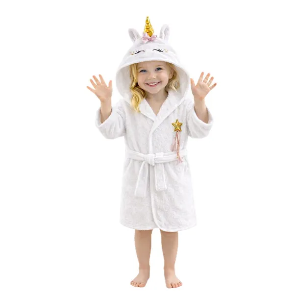 ELY PARKER Çocuk Bornozu Kapşonlu-Haynanan Figürlü-Kız Bebek Bornoz-Çocuk-Beyaz Unicorn-13-14 Yaş, E