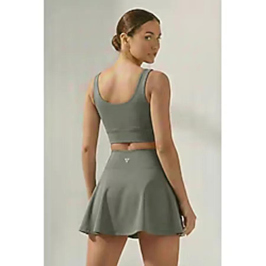 Emfure Haki Yüksek Bel Tenis ve Yoga Eteği - Çift Katmanlı Esnek Şortlu Mini Spor Etek