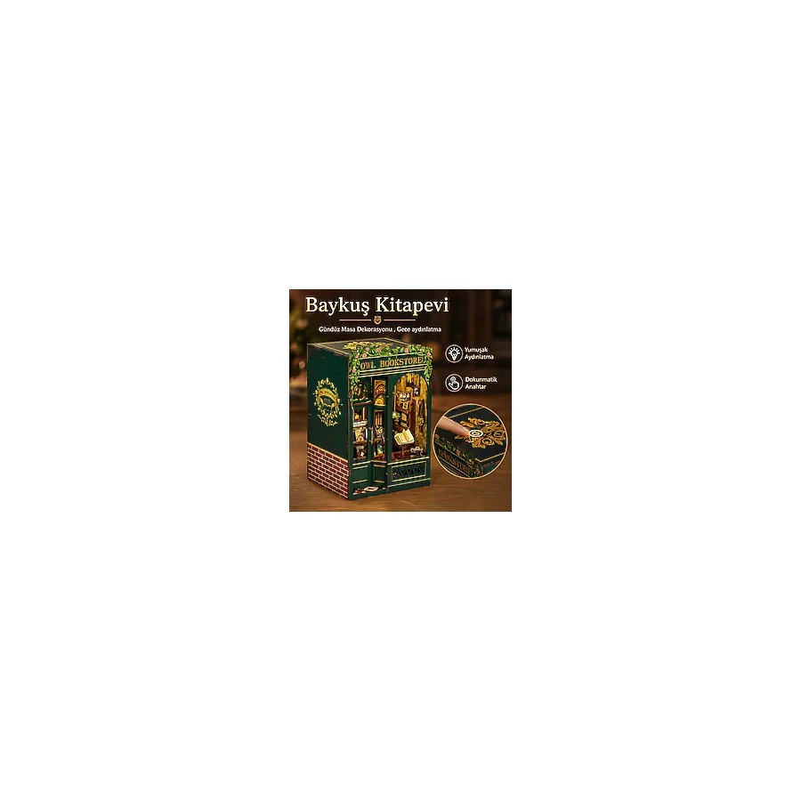 Emirgan Owl Bookstore Mini Book Nook Dıy Kit - Kendin Yap Minyatür Oyuncak Ev - LED Işıklı Hobi Seti