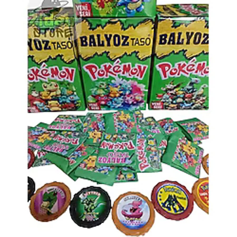 Emrah Gültekin Balyoz Pokemon Tasoları Yeni Seri 20 Adet Pokemon Taso Hediye Paketinde Mini Oyuncak ve Şeker