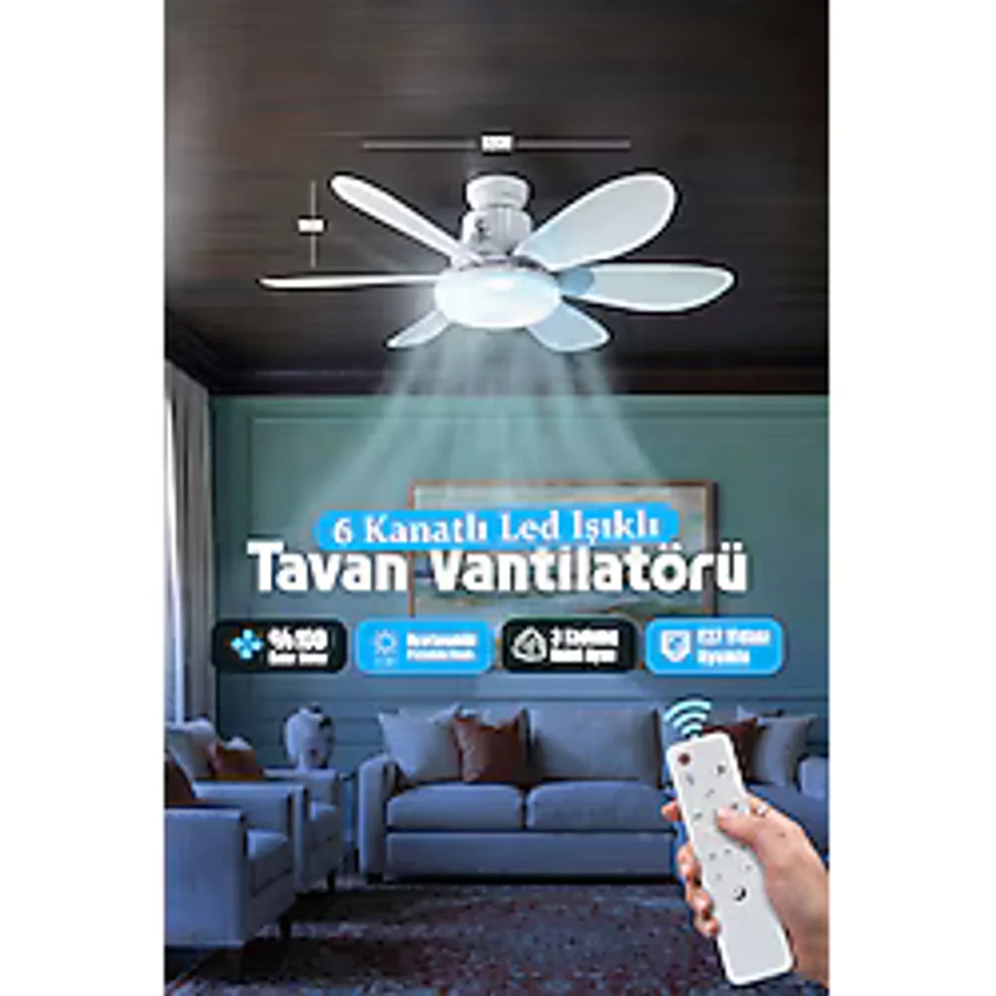 EN SİGA LED Işıklı Uzaktan Kumandalı 52 CM 6 Yapraklı Tavan Vantilatörü Kristal lambalı