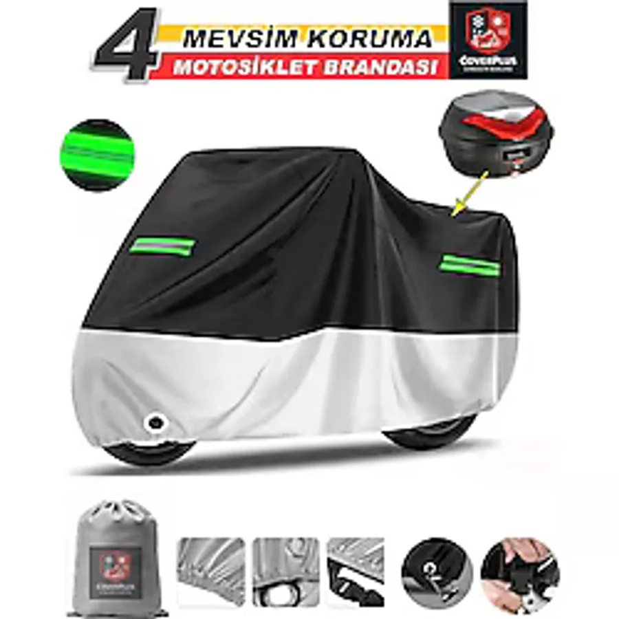 Encover Triumph Tiger Reflektörlü Siyah-Gri (Arka Çanta Uyumlu) Motosiklet Brandası,motor Branda Motor Örtüsü (Güvenlik Kilidi ve Bağlantı Tokalı) - Siyah Gri - Reflektörlü Arka Çanta UYUMLU