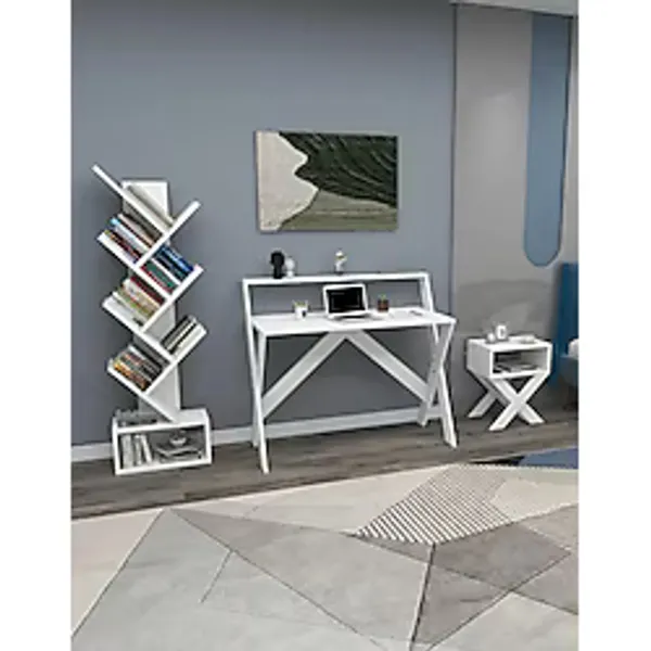 Enda Home X Çalışma Odası Seti Çalışma Masası Kitaplık Komodin Beyaz Çalışma Masası Kitaplık Seti