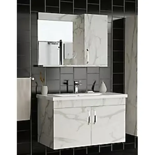 Endüstriyel Ümit Yapı Market 80 cm Calacatta Mermer Desenli Asma Banyo Dolabı Takımı Aynalı ve Lavabolu